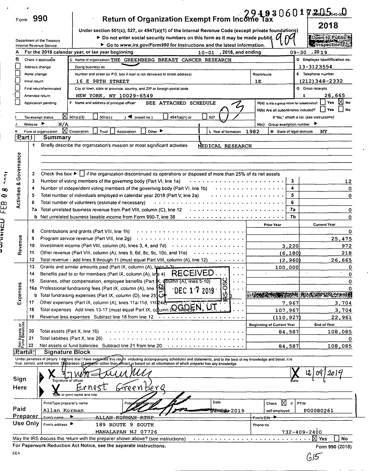 Image of first page of 2018 Form 990 for The Greenberg Breast Cancer Research