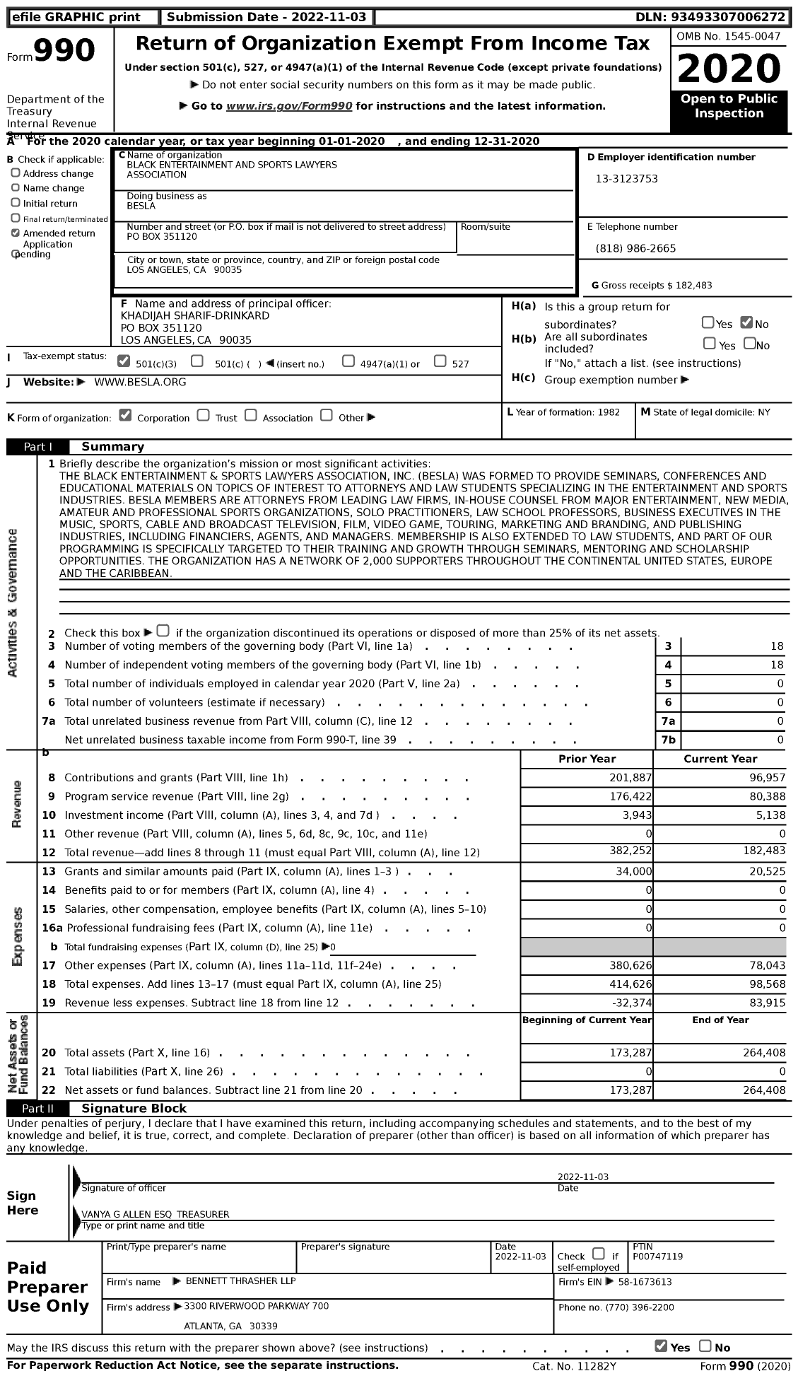 Image of first page of 2020 Form 990 for Black Entertainment and Sports Lawyers Association (BESLA)