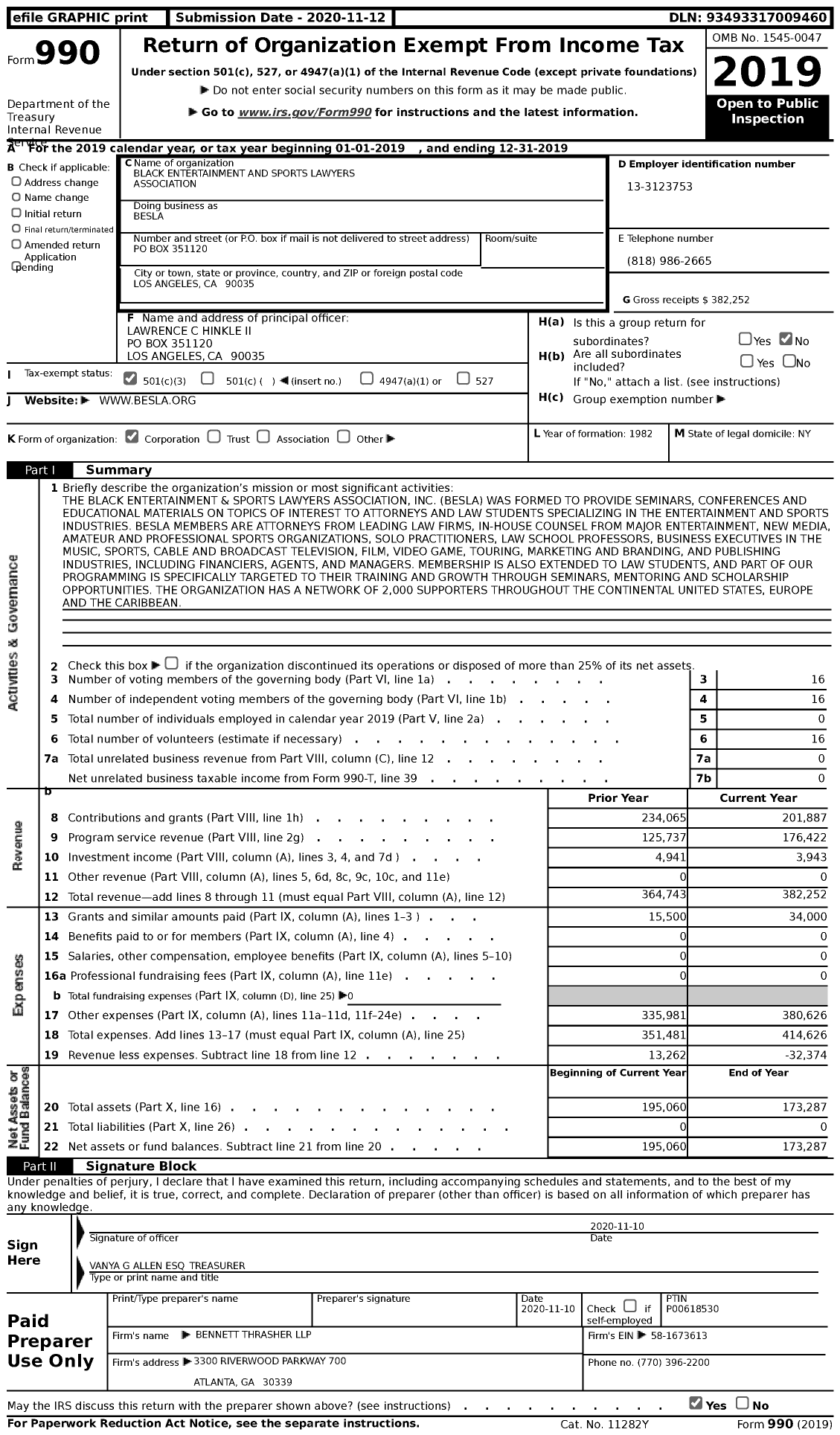 Image of first page of 2019 Form 990 for Black Entertainment and Sports Lawyers Association (BESLA)