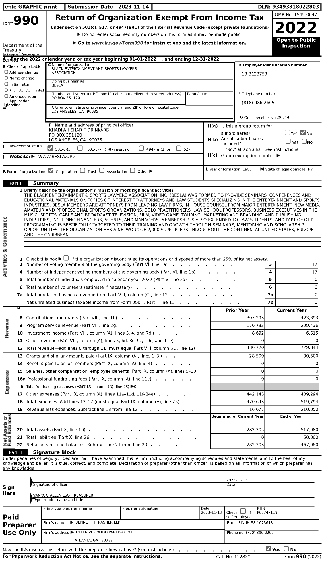 Image of first page of 2022 Form 990 for Black Entertainment and Sports Lawyers Association (BESLA)