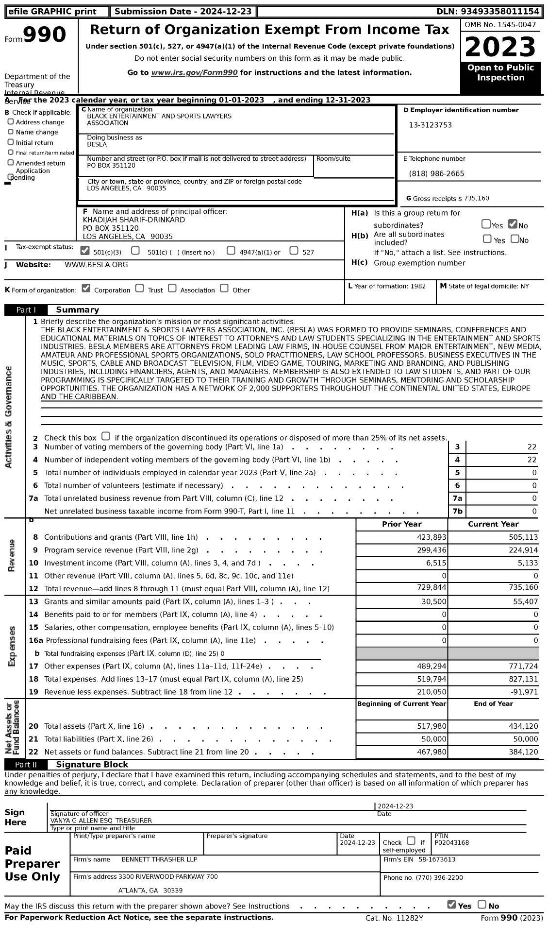 Image of first page of 2023 Form 990 for Black Entertainment and Sports Lawyers Association (BESLA)