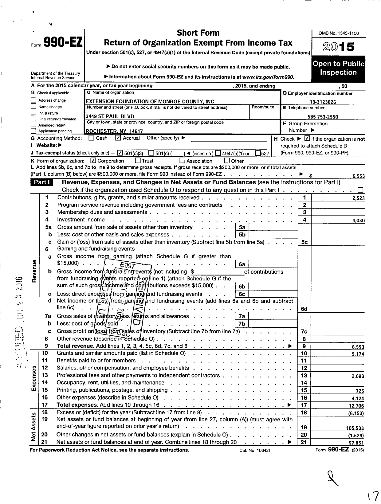 Image of first page of 2015 Form 990EZ for Extension Foundation of Monroe County