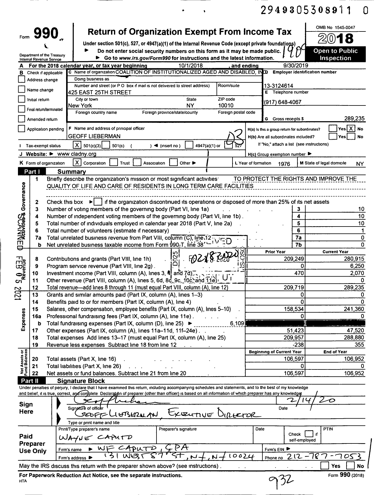 Image of first page of 2018 Form 990 for Coalition of Institutionalized Aged and Disabledi
