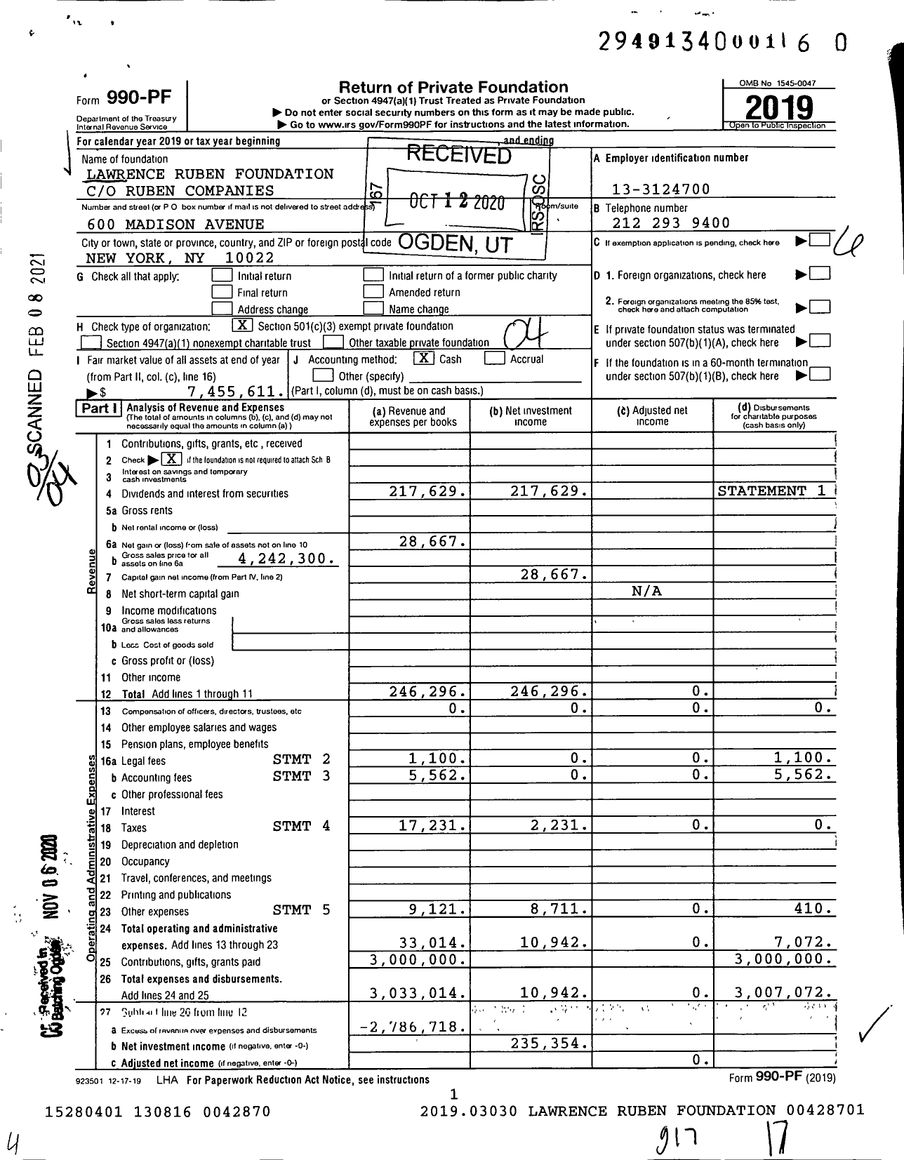 Image of first page of 2019 Form 990PF for Lawrence Ruben Foundation