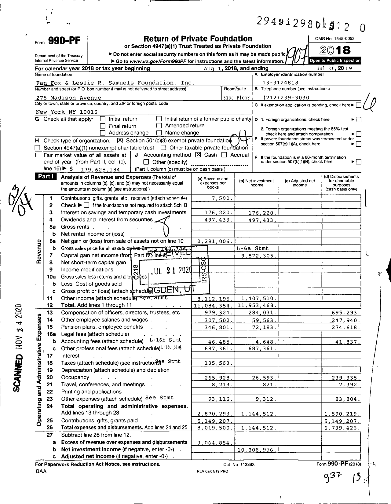 Image of first page of 2018 Form 990PF for Fan Fox and Leslie R Samuels Foundation