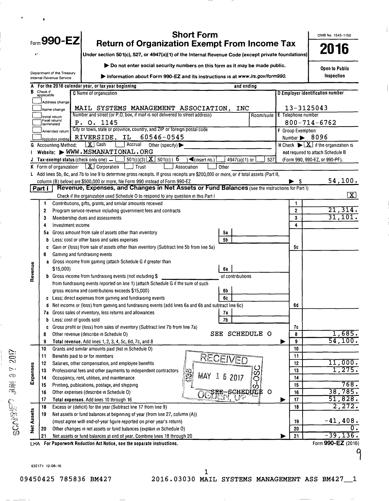 Image of first page of 2016 Form 990EO for Mail Systems Management Association