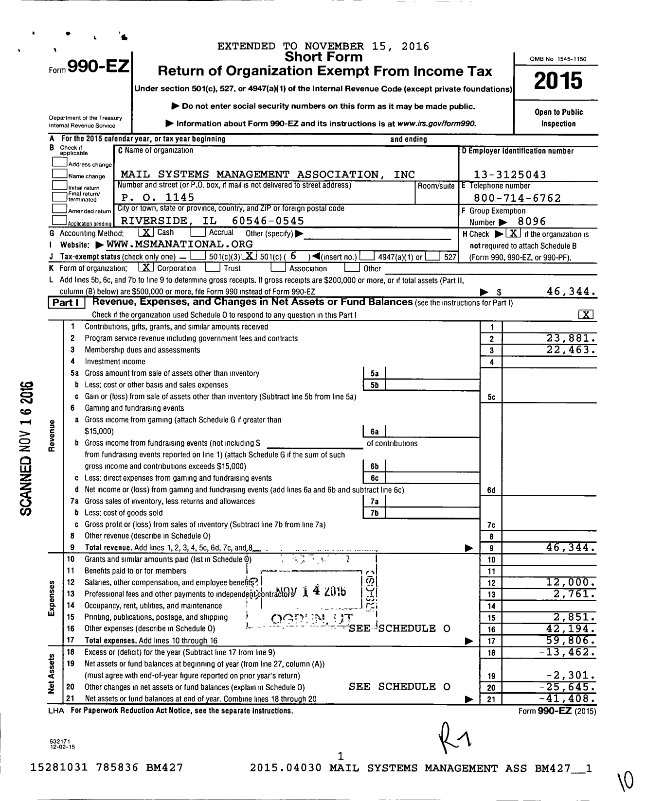 Image of first page of 2015 Form 990EO for Mail Systems Management Association