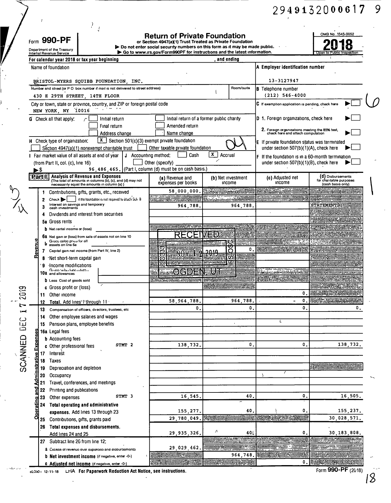 Image of first page of 2018 Form 990PF for Bristol Myers Squibb Foundation