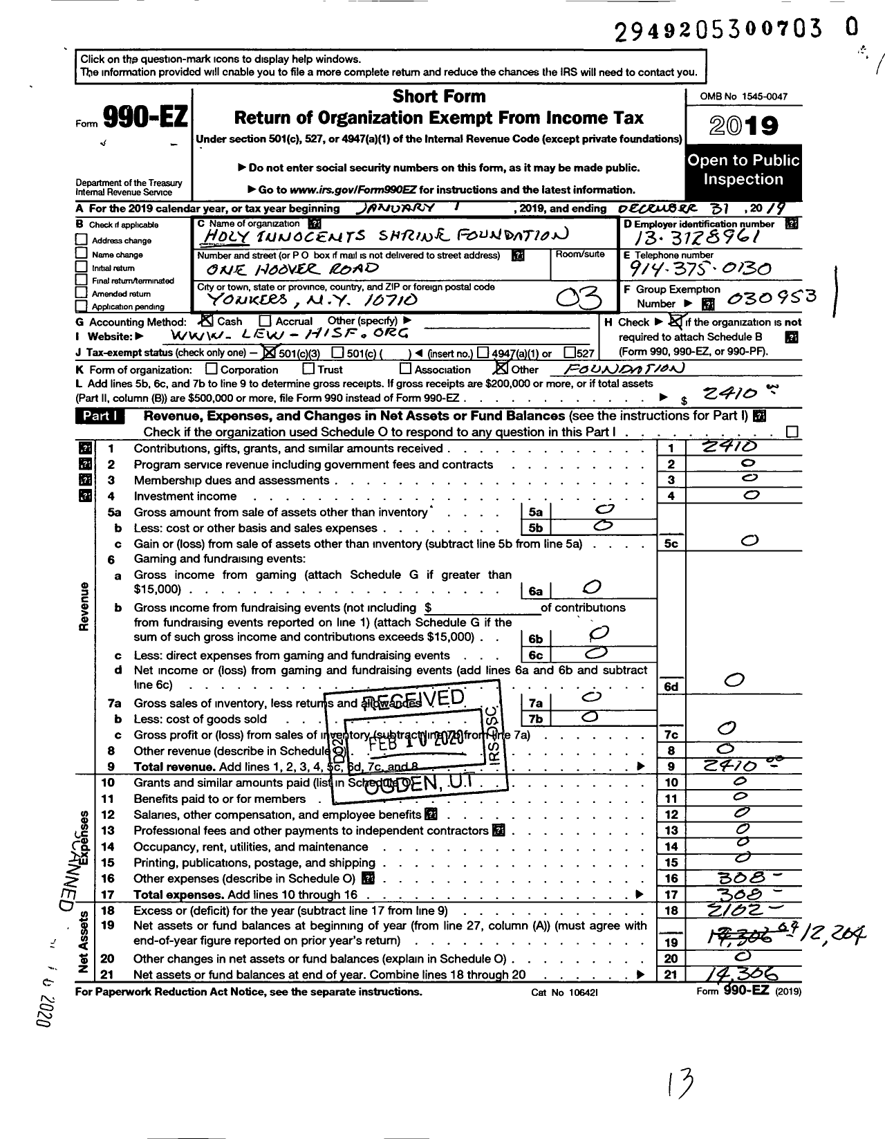 Image of first page of 2019 Form 990EZ for Holy Innocents Shrine Foundation