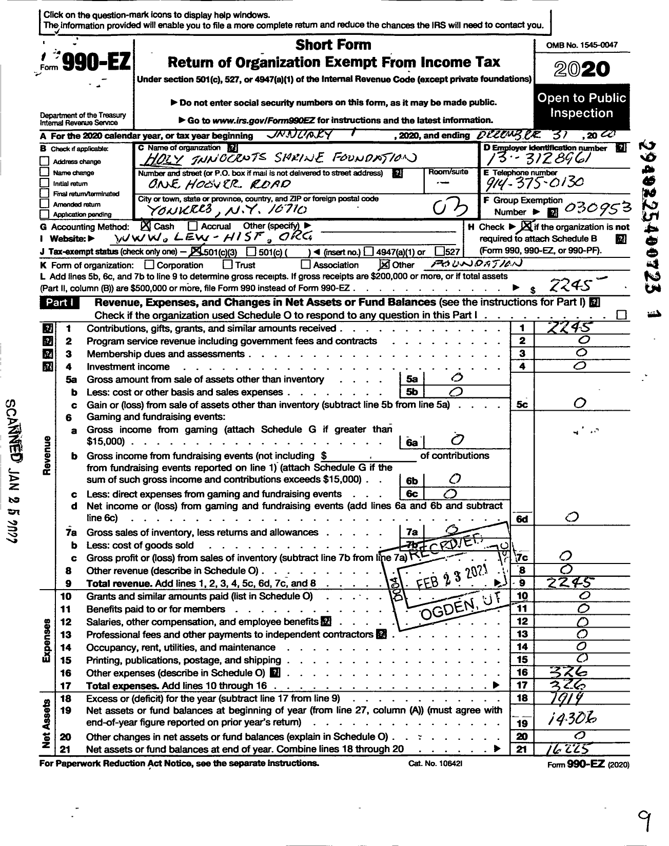 Image of first page of 2020 Form 990EZ for Holy Innocents Shrine Foundation