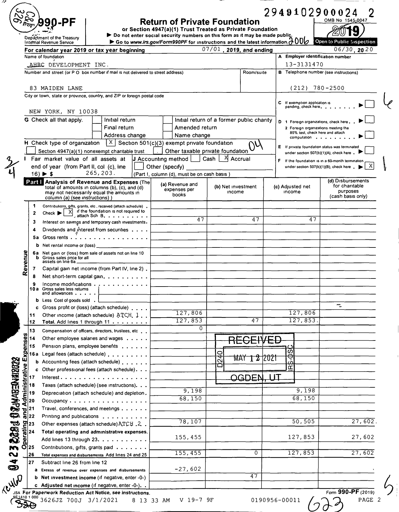 Image of first page of 2019 Form 990PF for Ahrc Development