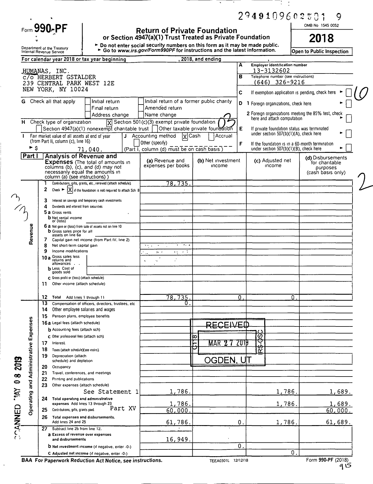 Image of first page of 2018 Form 990PF for Humanas