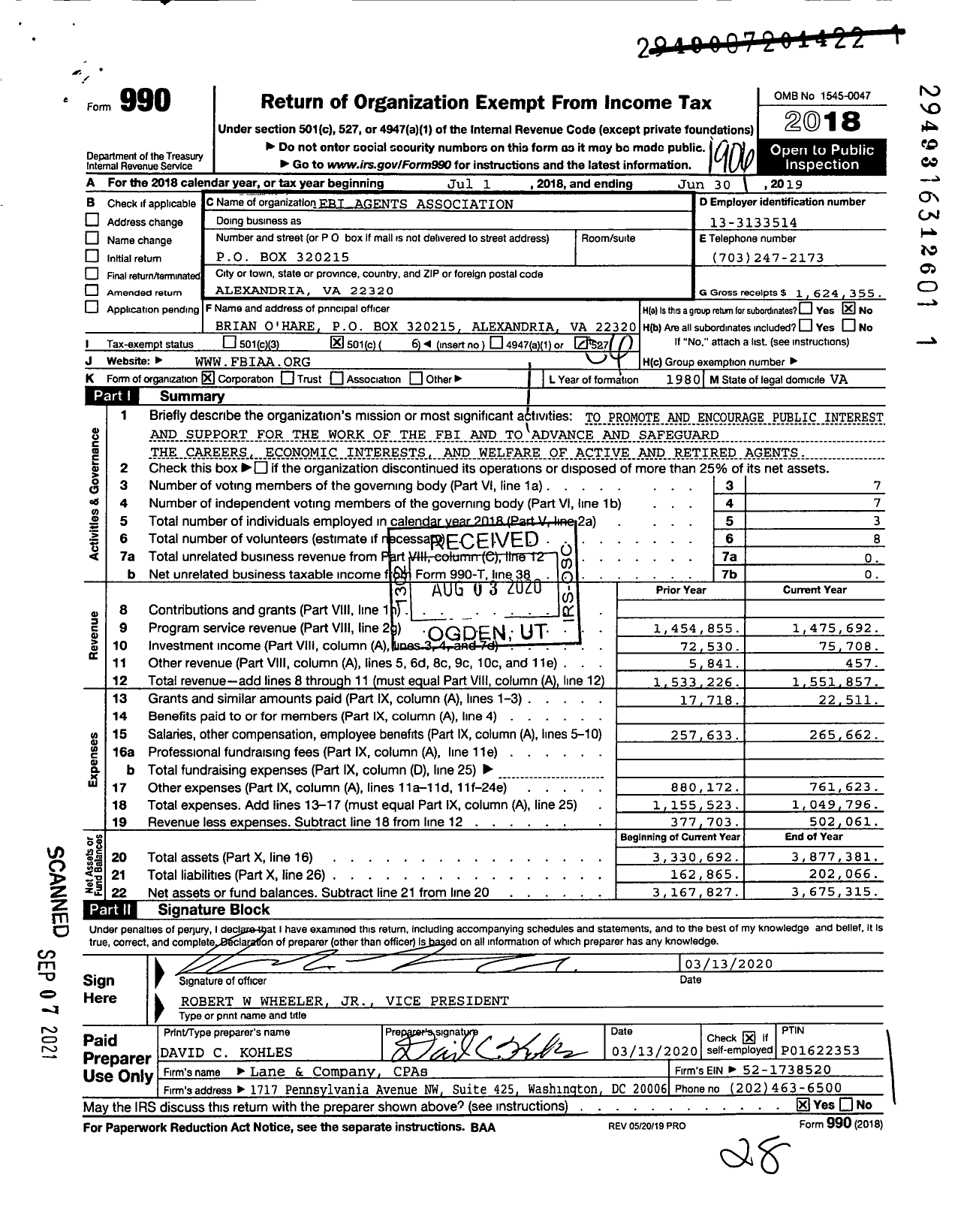 Image of first page of 2018 Form 990O for Fbi Agents Association (FBIAA)