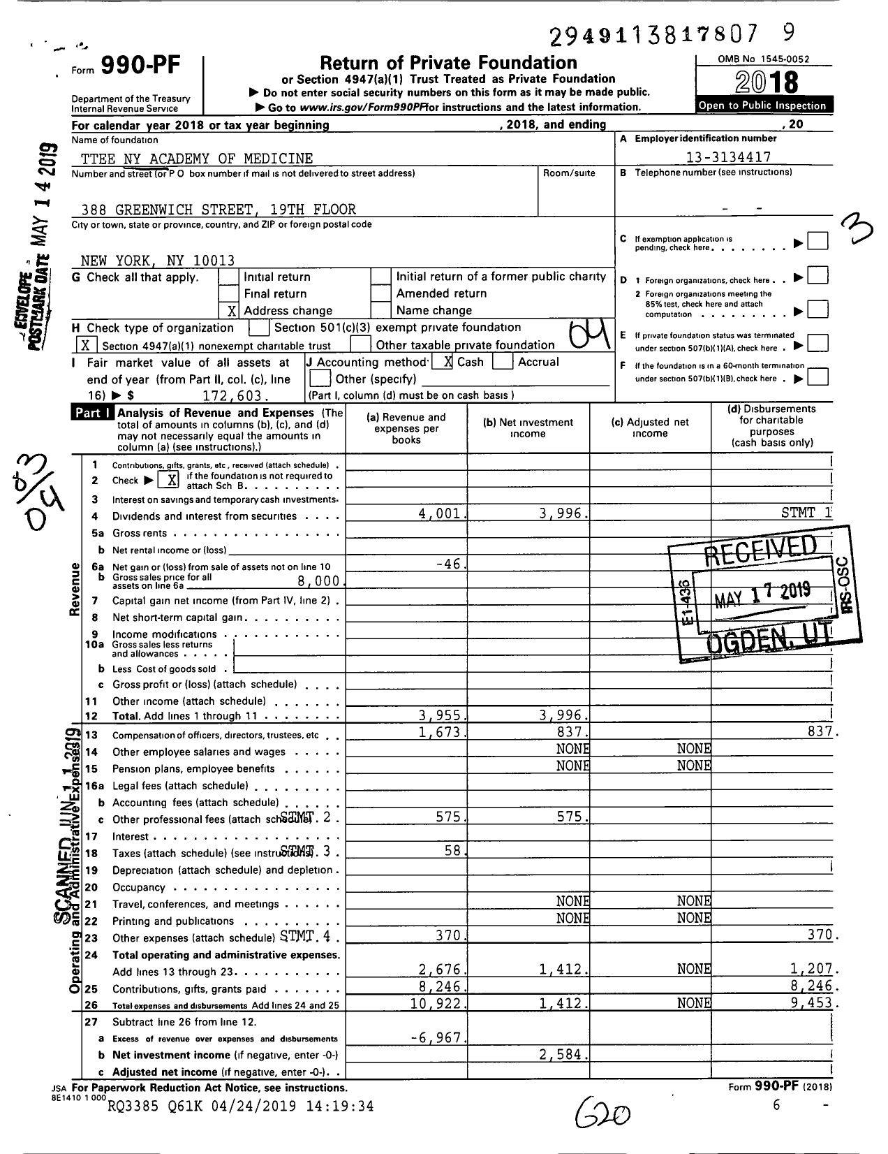 Image of first page of 2018 Form 990PF for Trustees Ny Academy of Medicine