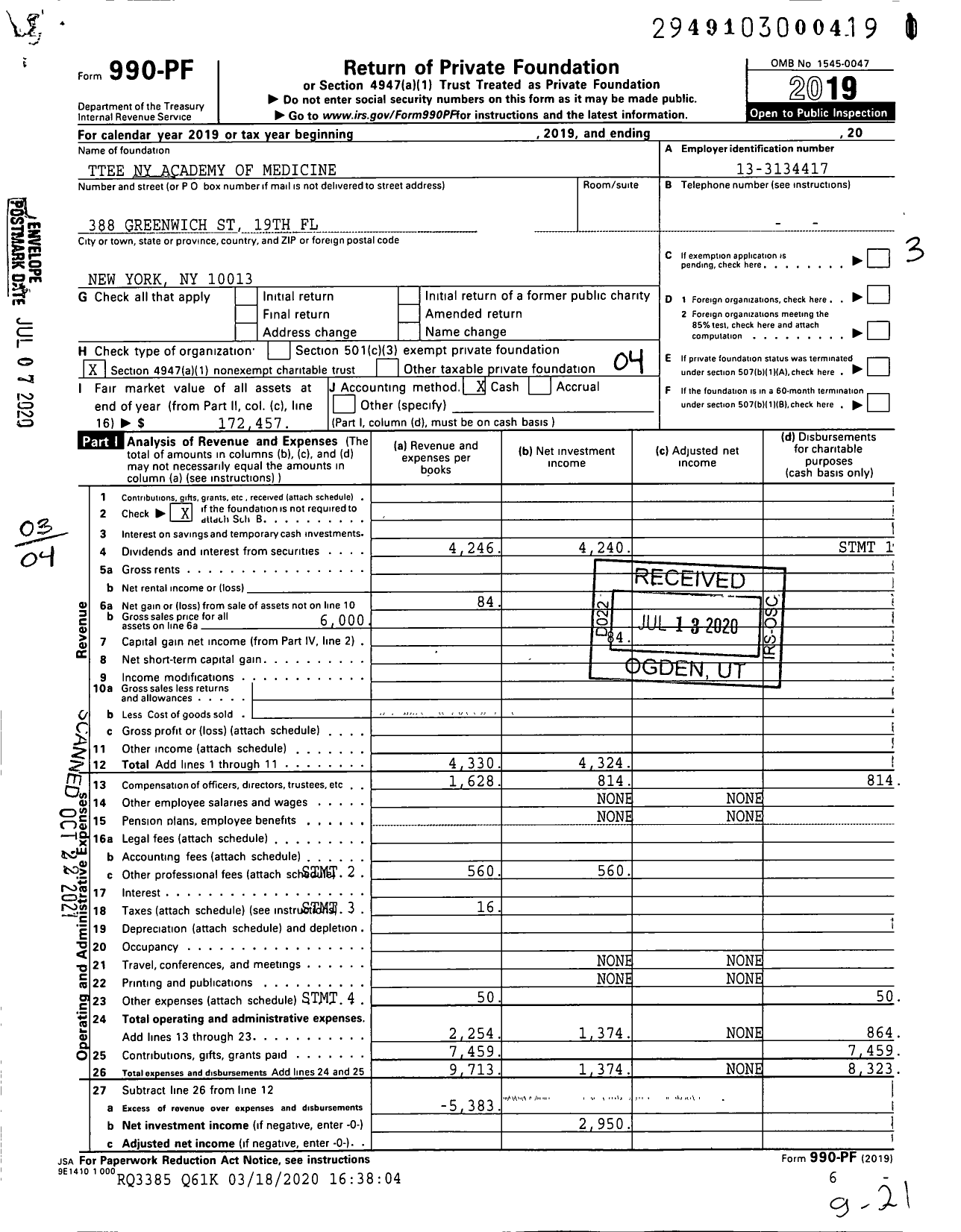 Image of first page of 2019 Form 990PF for Trustees Ny Academy of Medicine