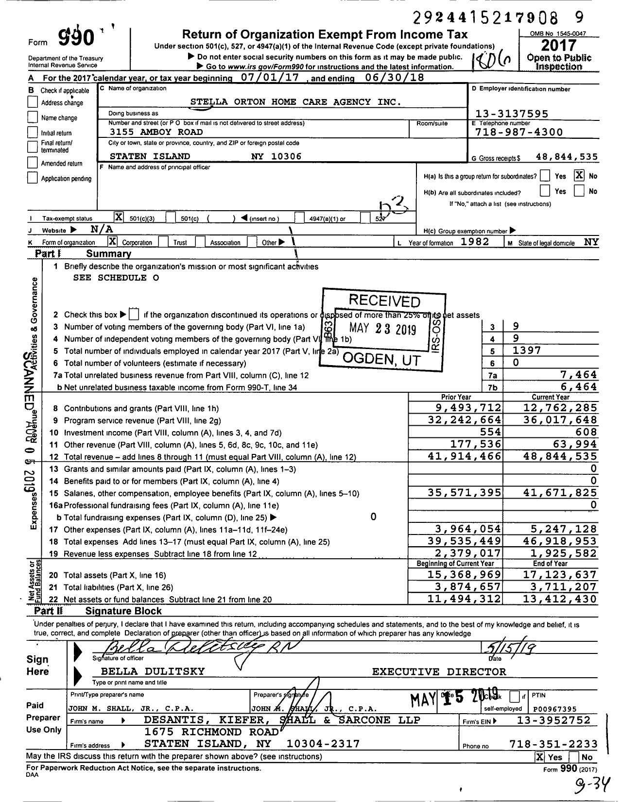 Image of first page of 2017 Form 990 for The Stella Orton Home Care Agency