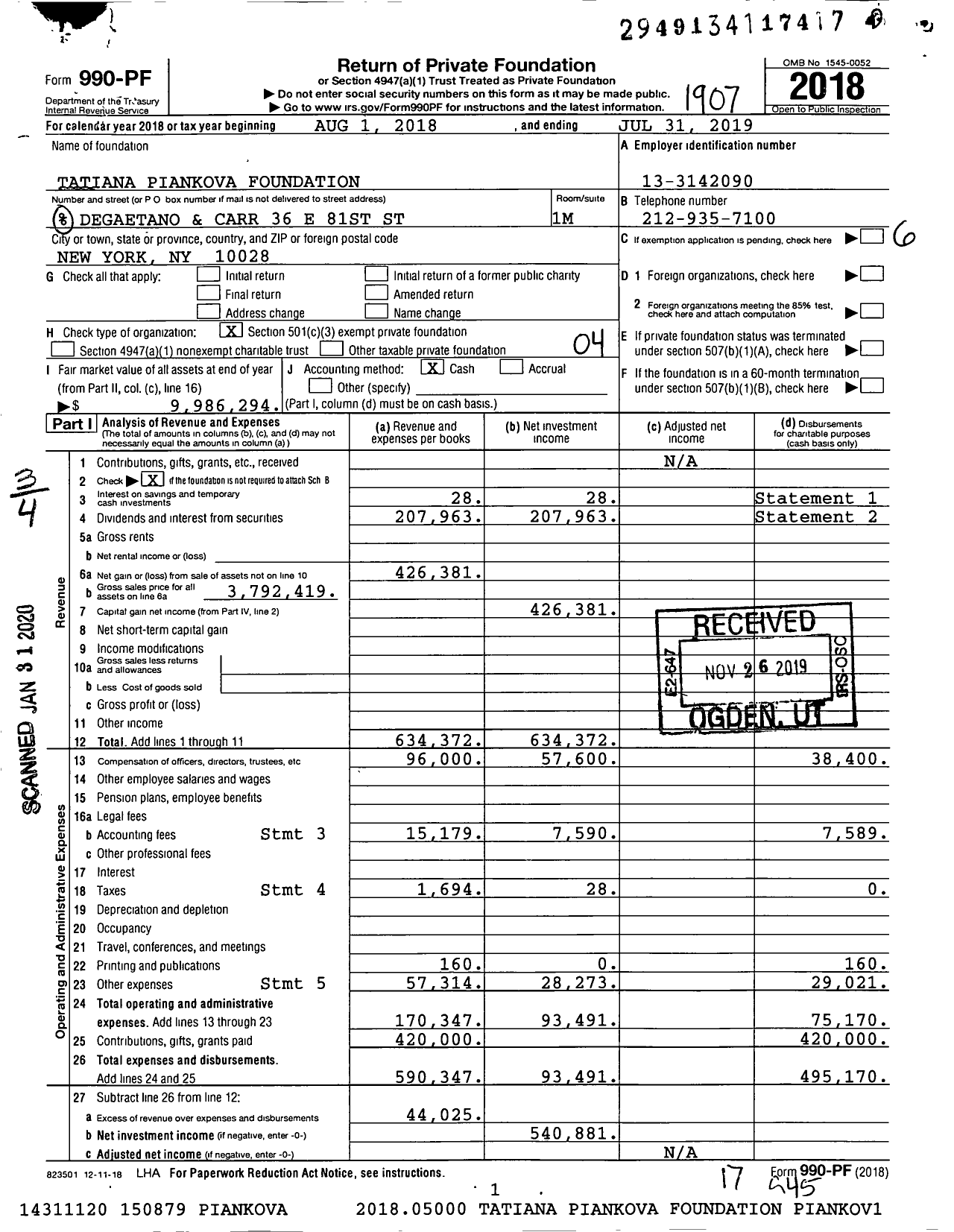 Image of first page of 2018 Form 990PF for Tatiana Piankova Foundation