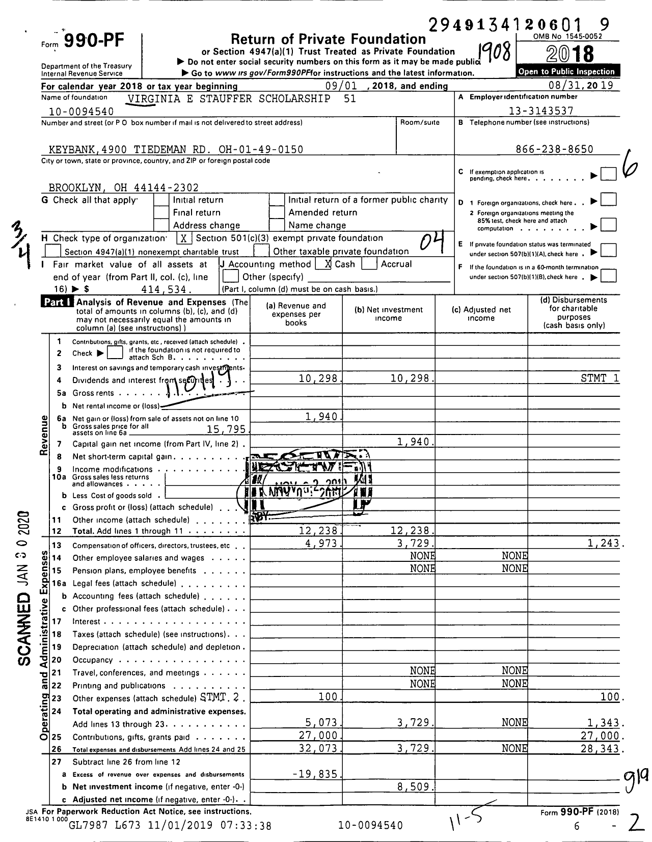 Image of first page of 2018 Form 990PF for Virginia E Stauffer Scholarship 51