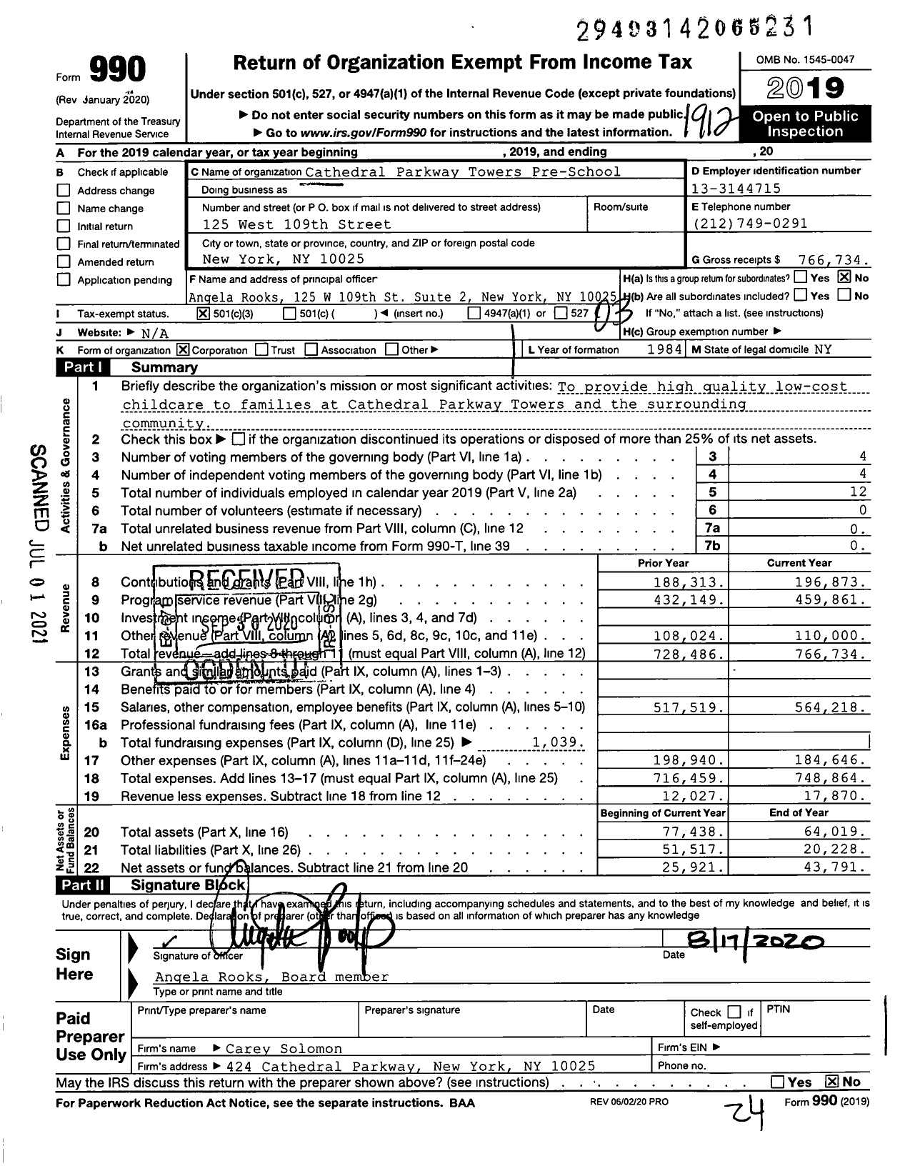 Image of first page of 2019 Form 990 for Cathedral Parkway Towers Preschool