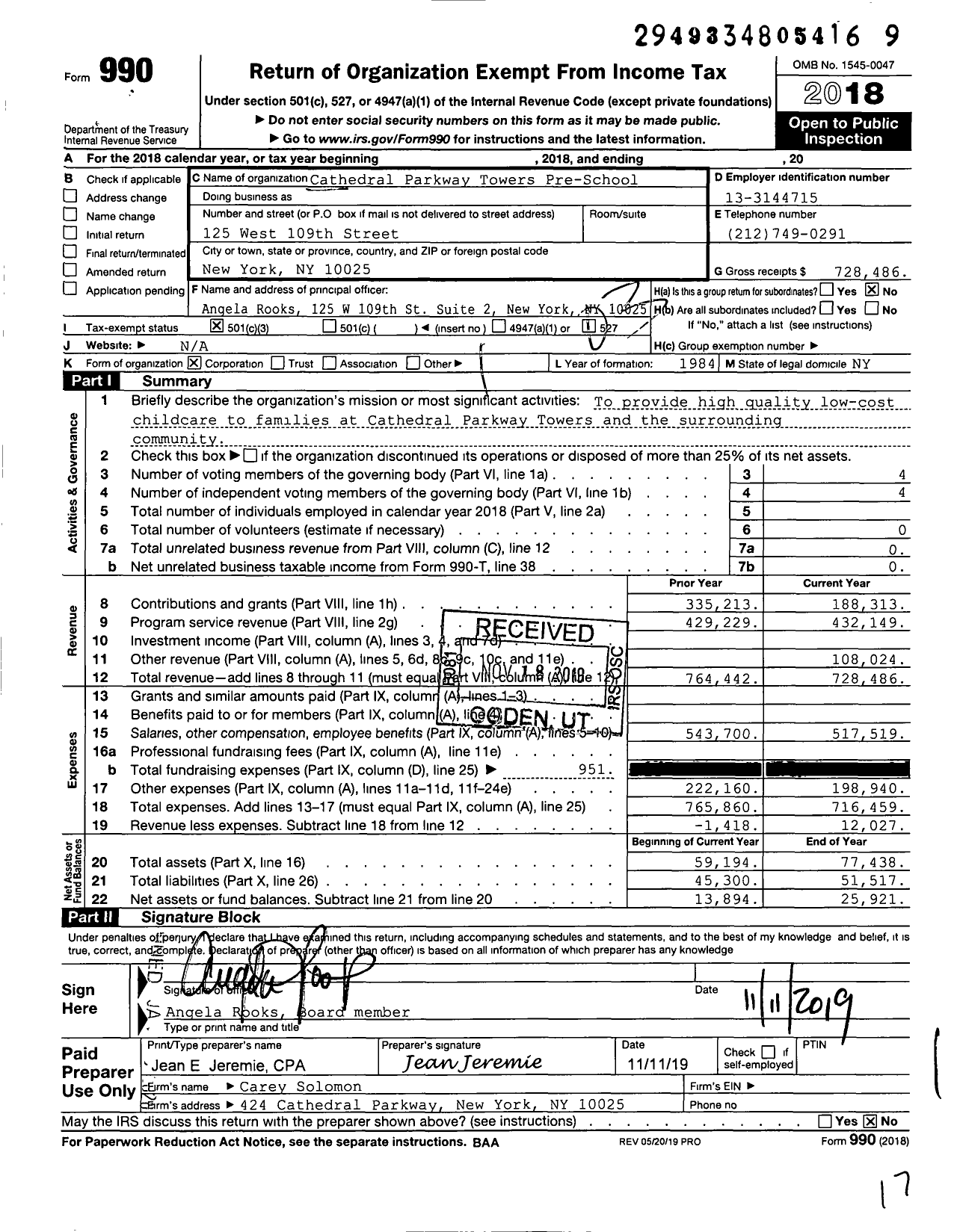 Image of first page of 2018 Form 990 for Cathedral Parkway Towers Preschool