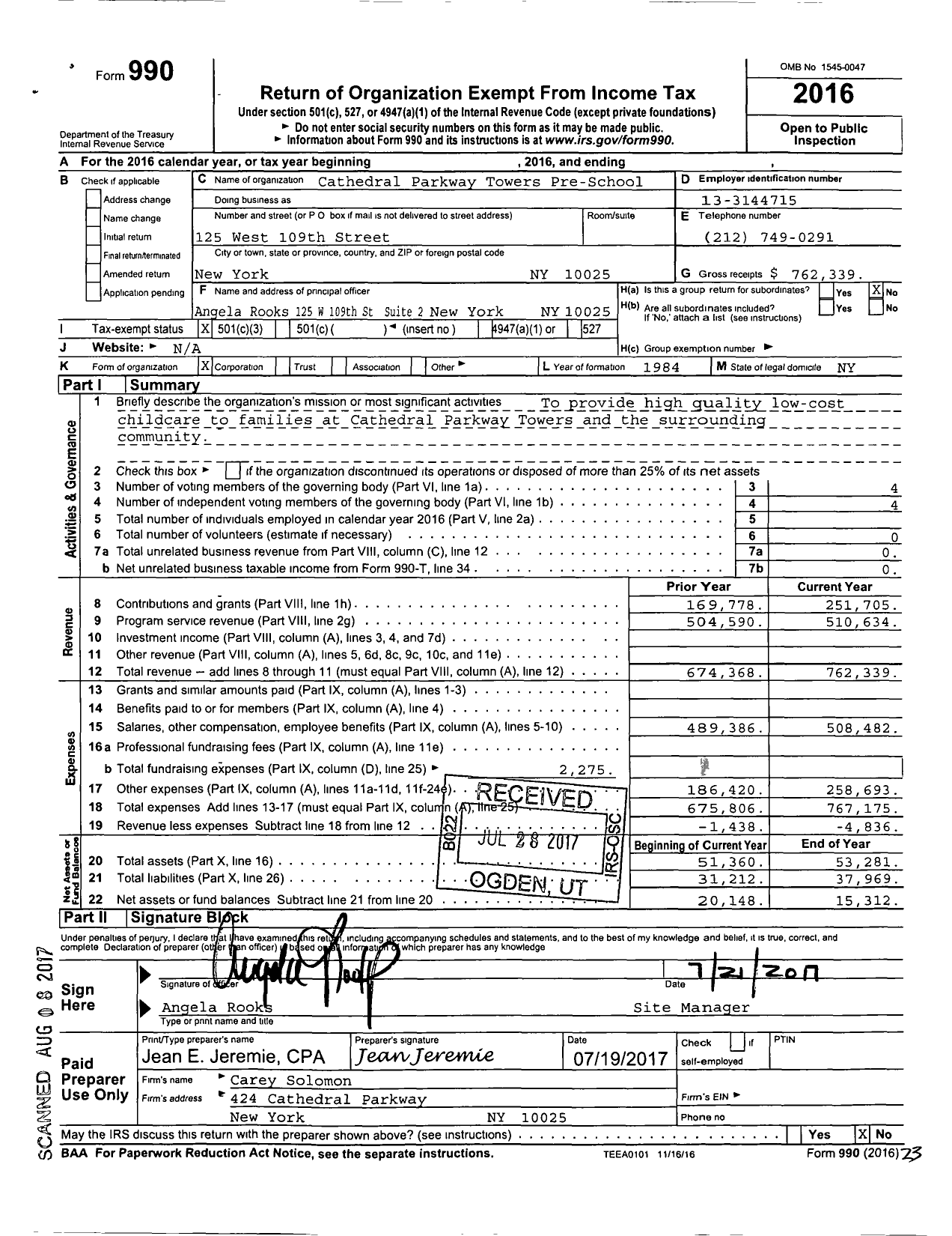 Image of first page of 2016 Form 990 for Cathedral Parkway Towers Preschool