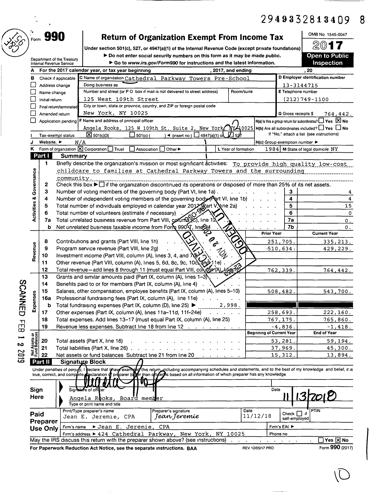 Image of first page of 2017 Form 990 for Cathedral Parkway Towers Preschool