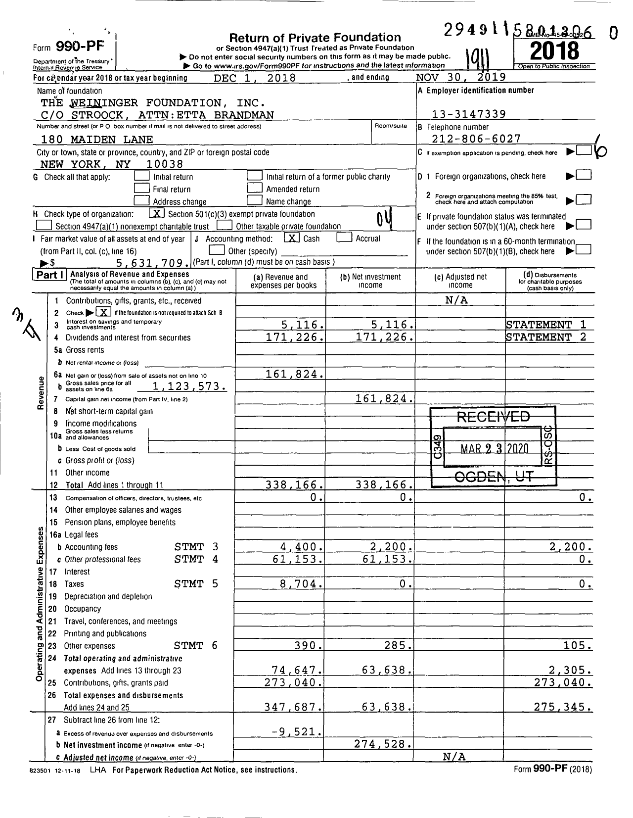 Image of first page of 2018 Form 990PR for The Weininger Foundation
