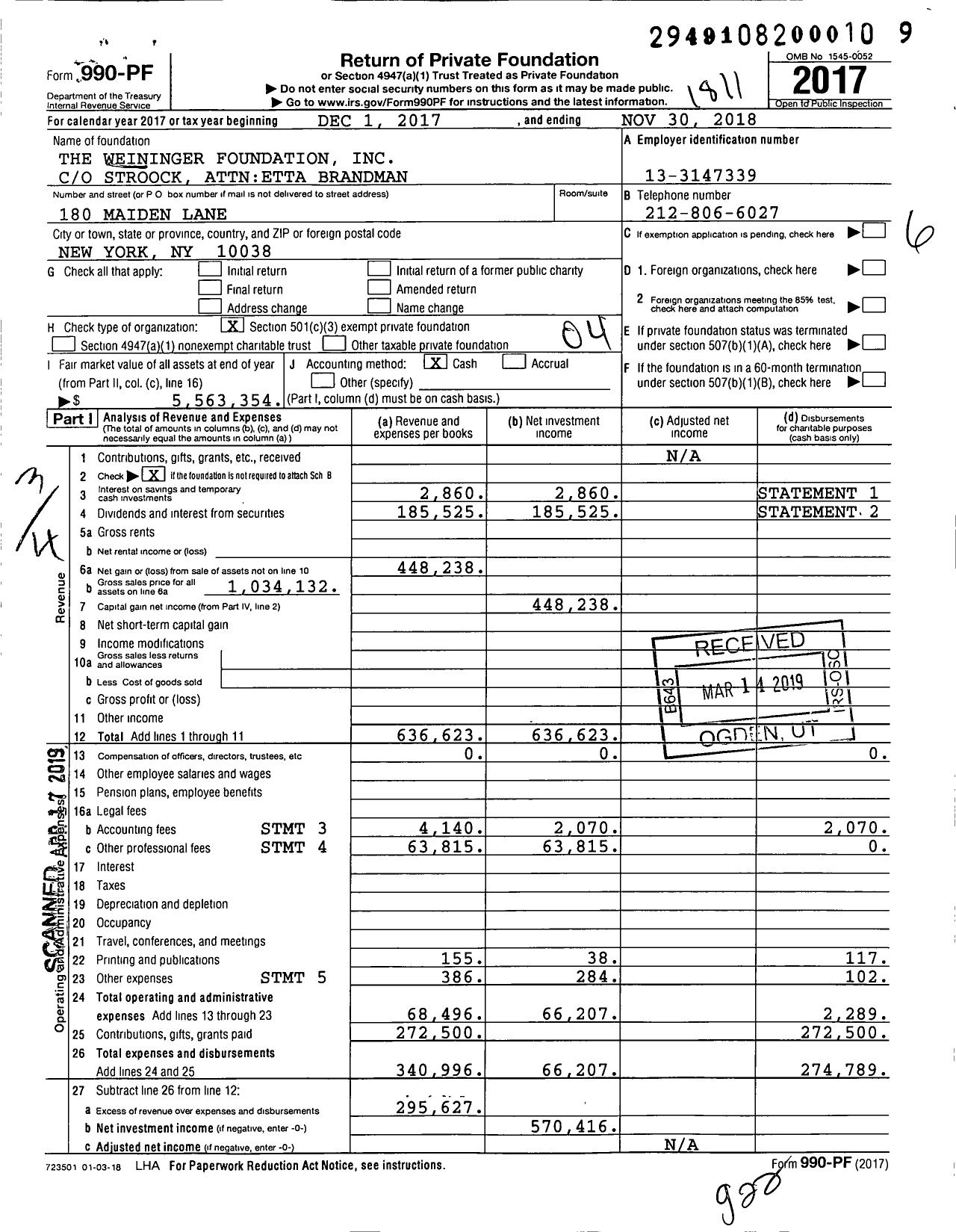 Image of first page of 2017 Form 990PF for The Weininger Foundation