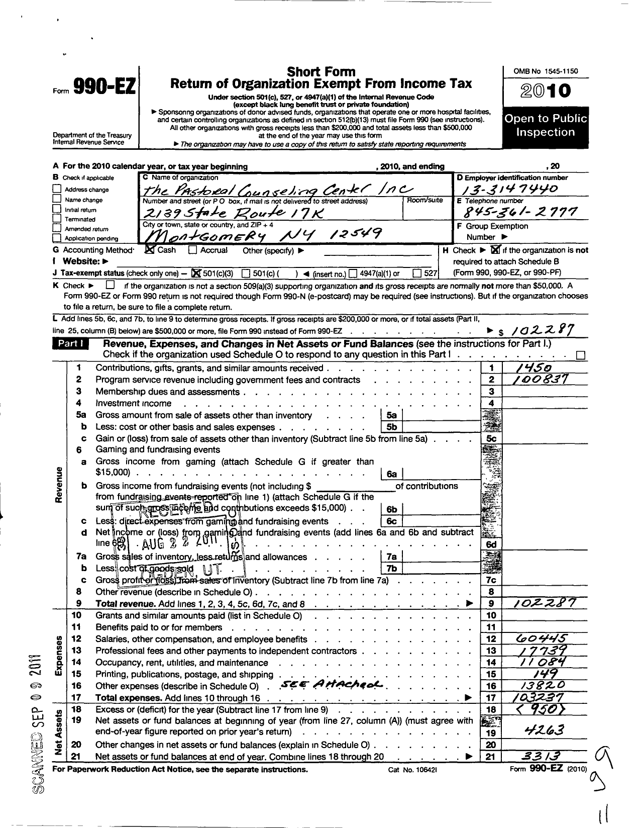 Image of first page of 2010 Form 990EZ for The Pastoral Counseling Center