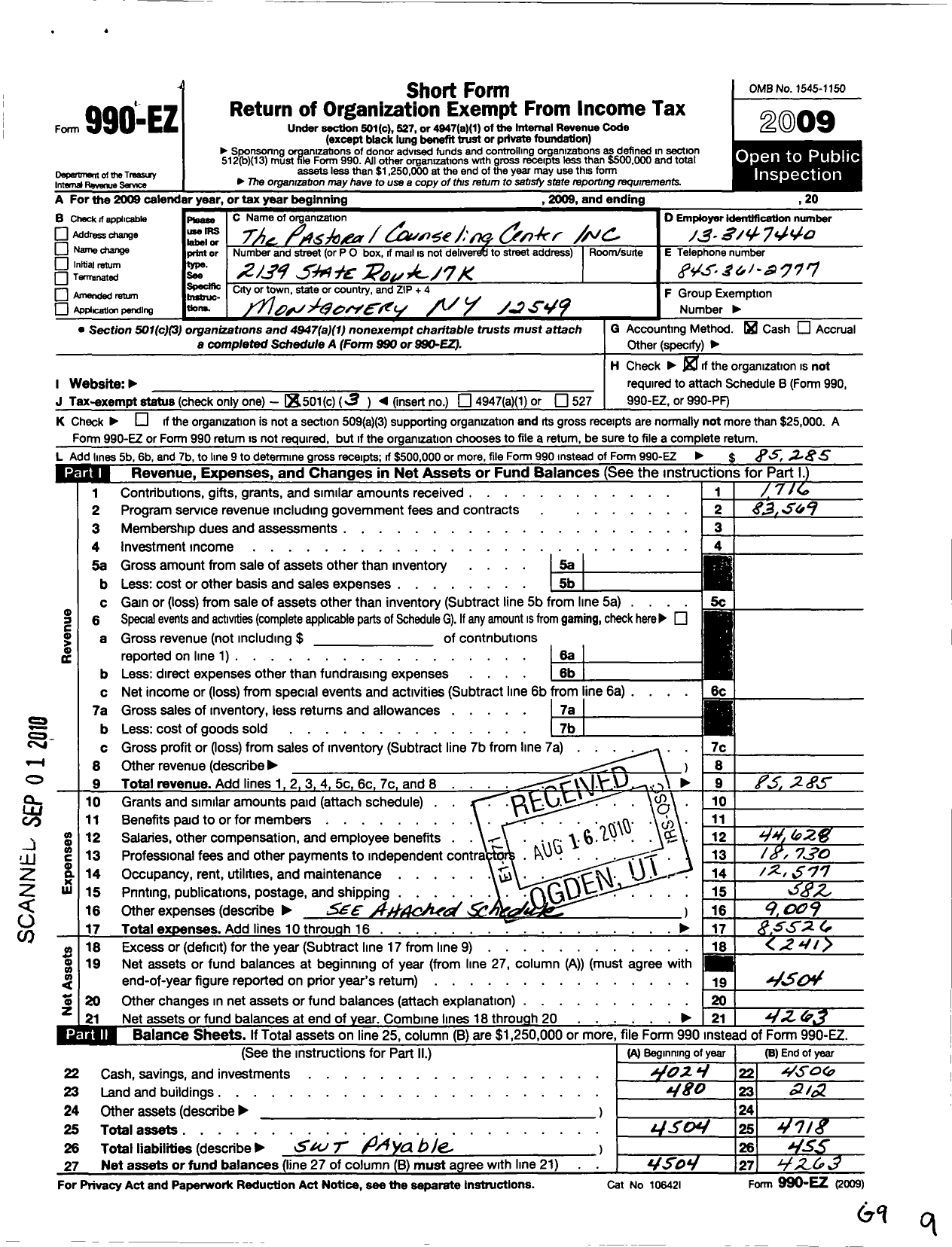 Image of first page of 2009 Form 990EZ for The Pastoral Counseling Center