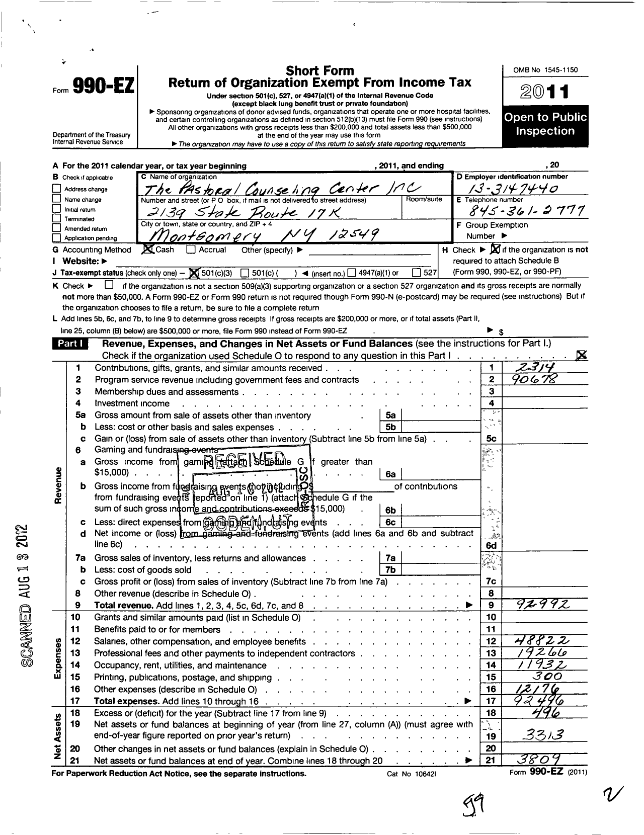 Image of first page of 2011 Form 990EZ for The Pastoral Counseling Center