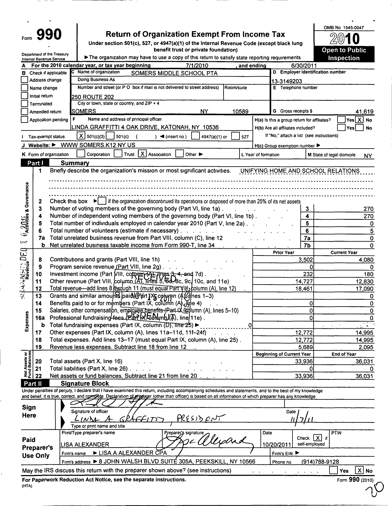 Image of first page of 2010 Form 990 for New York State PTA - 18-335 Somers Middle School PTA