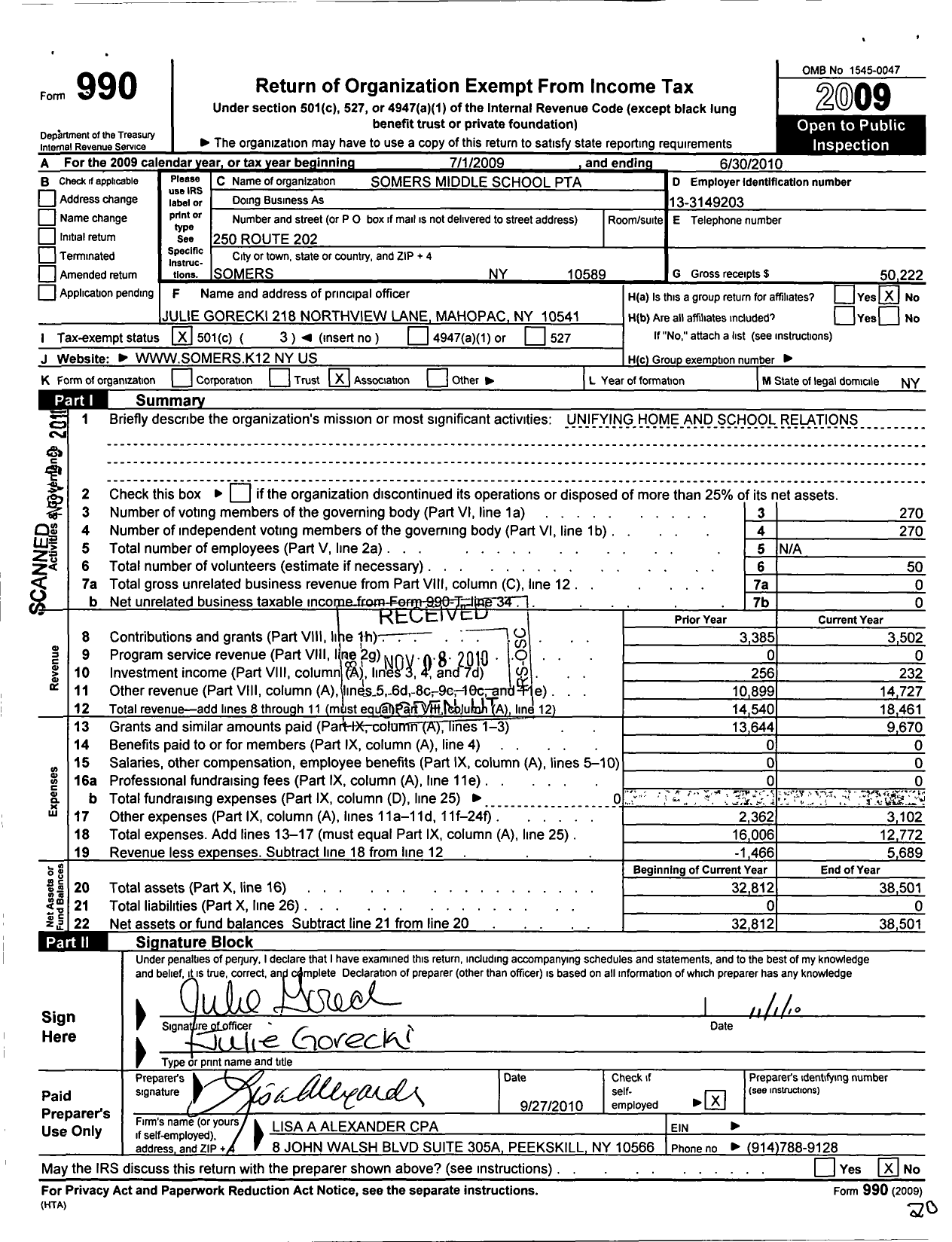 Image of first page of 2009 Form 990 for New York State PTA - 18-335 Somers Middle School PTA