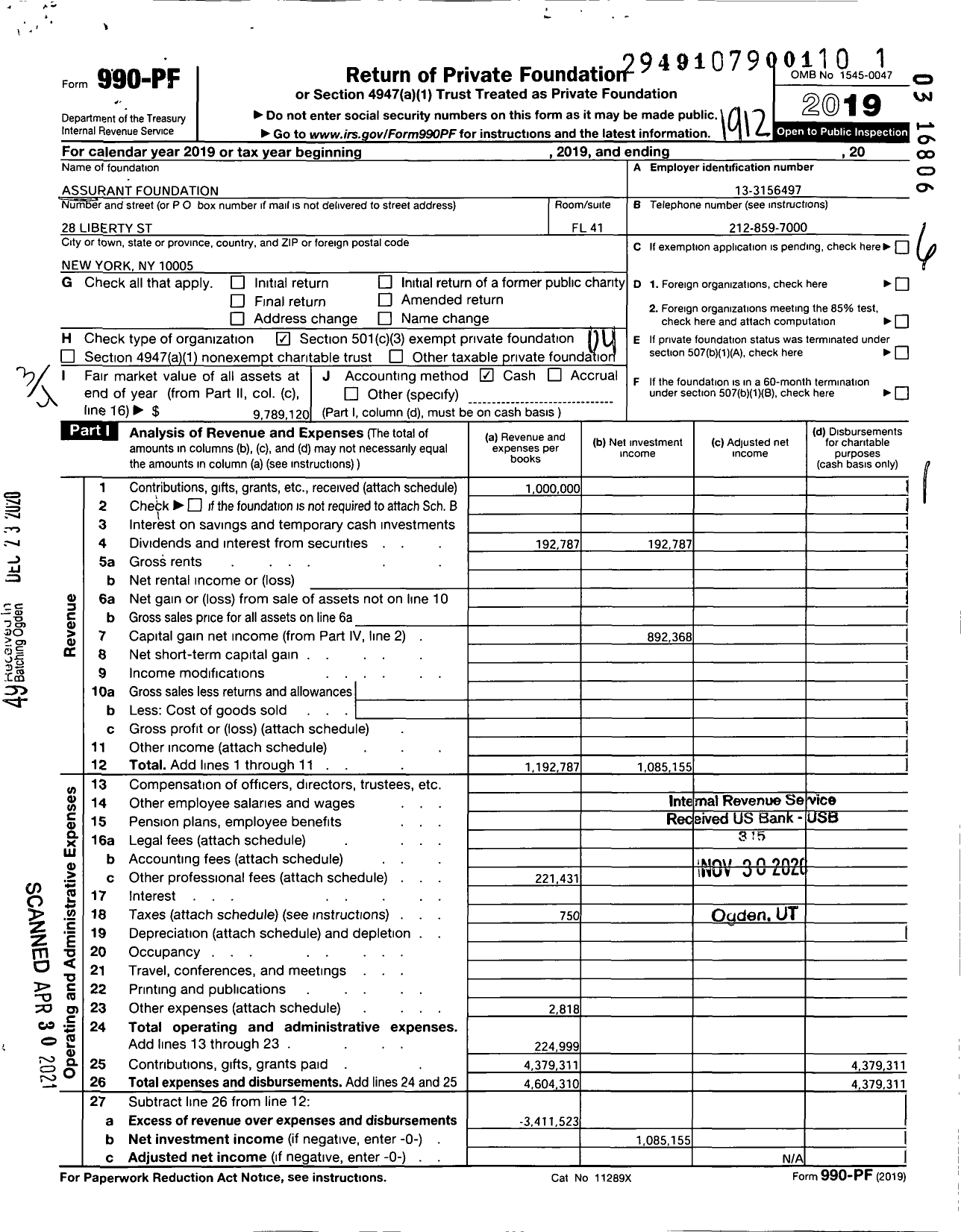 Image of first page of 2019 Form 990PF for Assurant Foundation