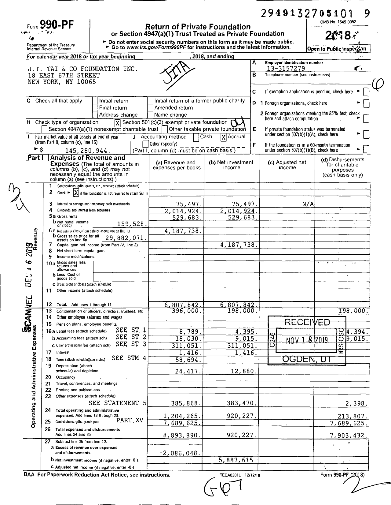 Image of first page of 2018 Form 990PF for J.T. Tai and Co Foundation