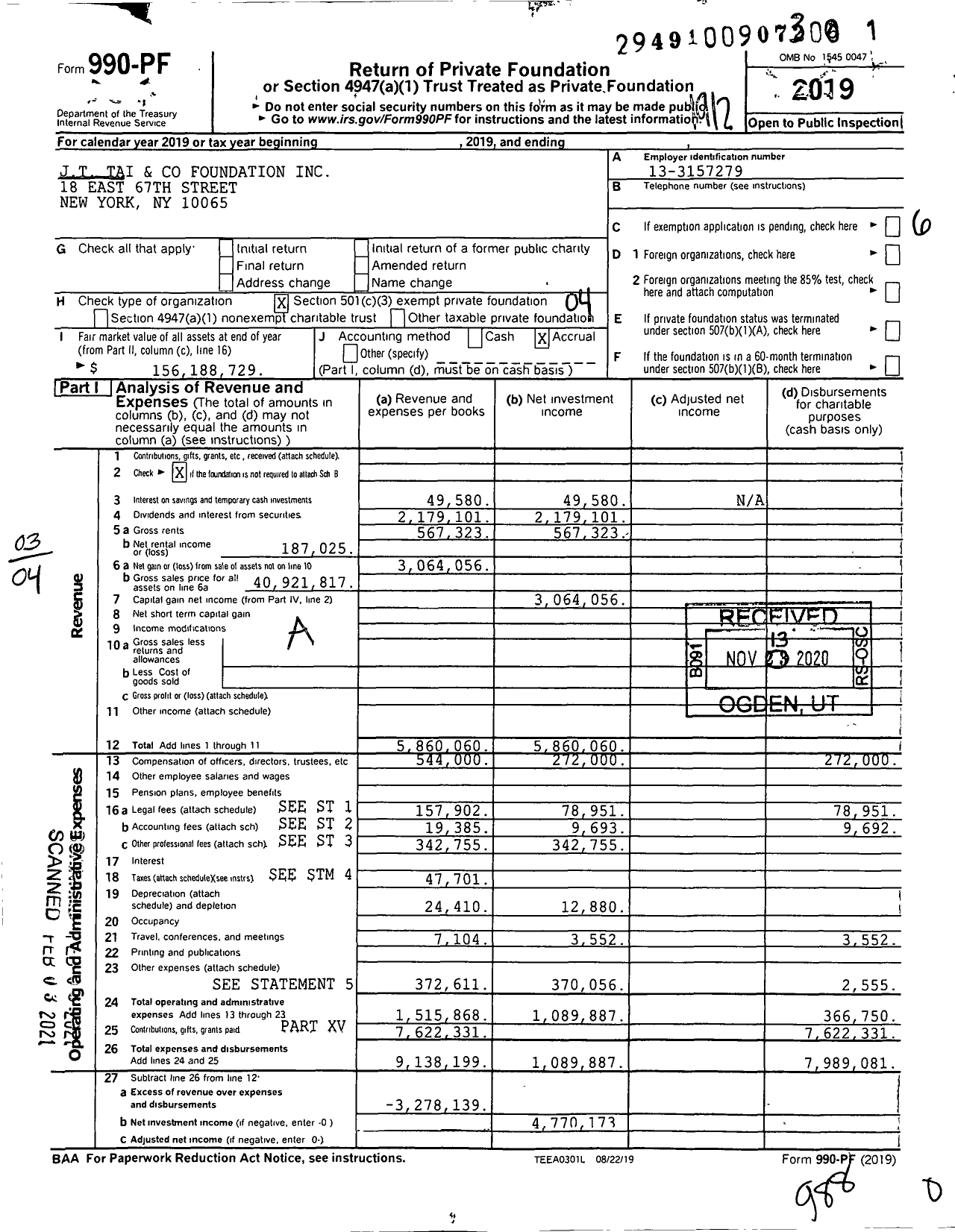 Image of first page of 2019 Form 990PF for J.T. Tai and Co Foundation