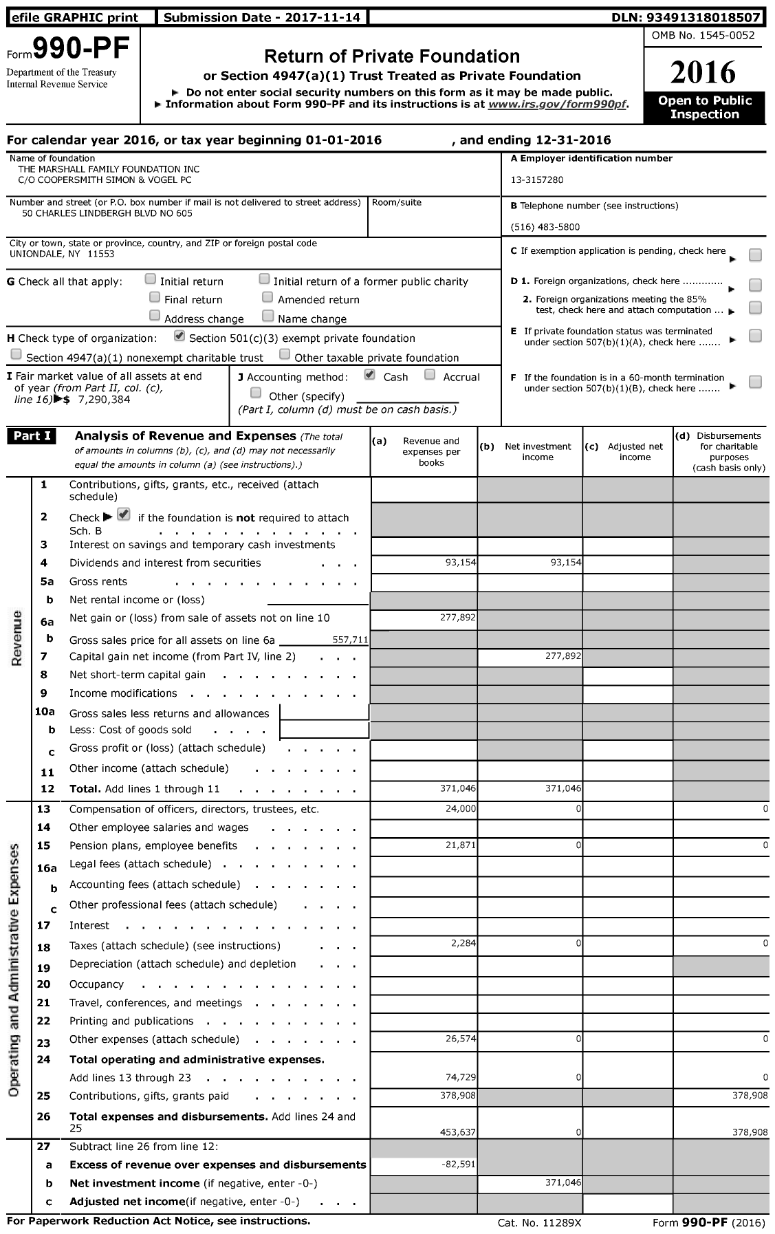 Image of first page of 2016 Form 990PF for The Marshall Family Foundation