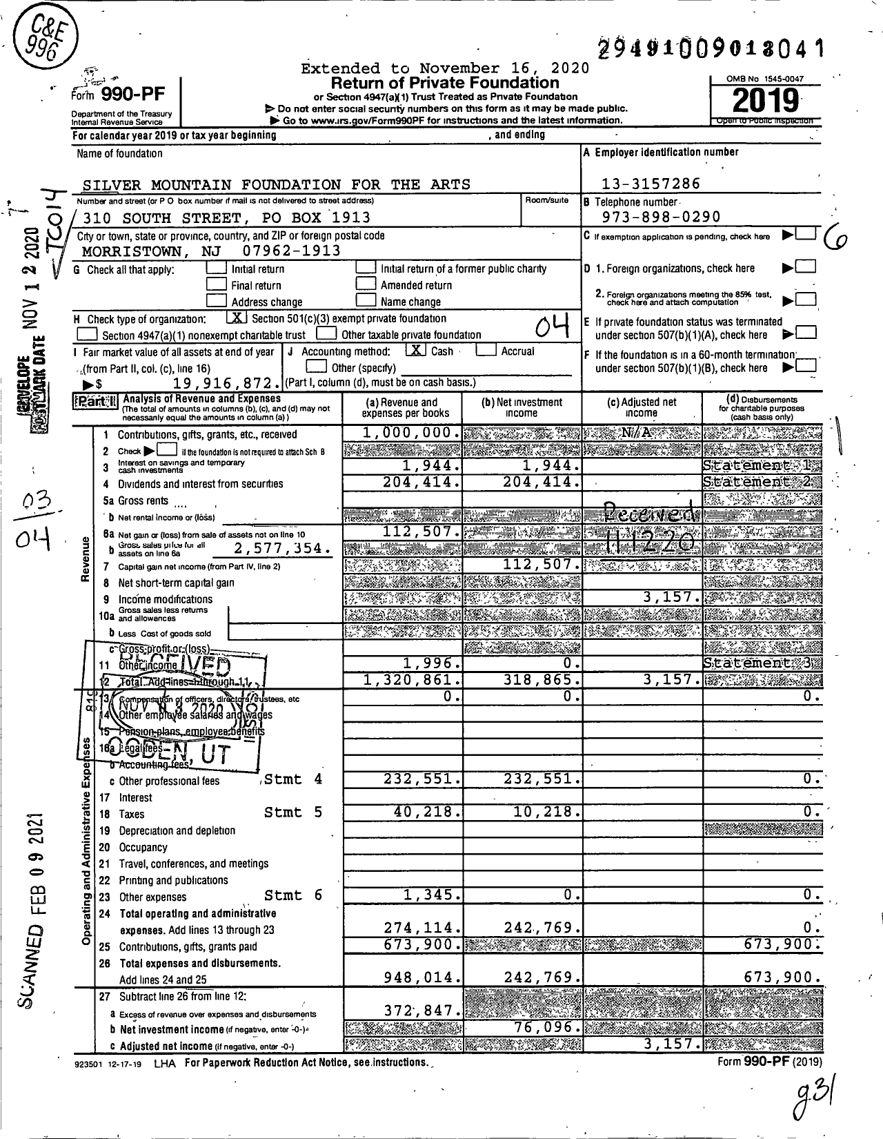 Image of first page of 2019 Form 990PF for Silver Mountain Foundation for the Arts