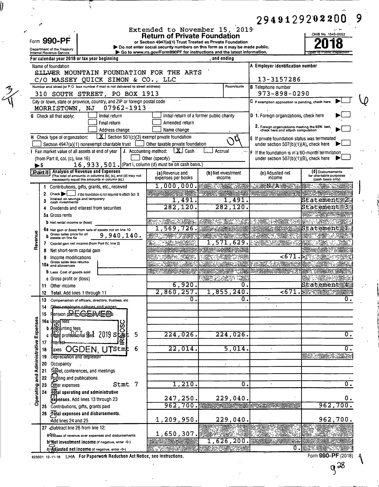 Image of first page of 2018 Form 990PF for Silver Mountain Foundation for the Arts