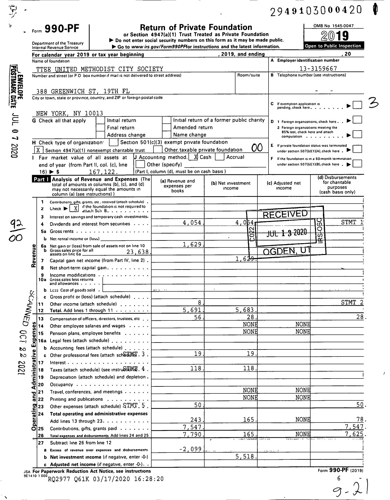 Image of first page of 2019 Form 990PF for Trustees United Methodist City Society