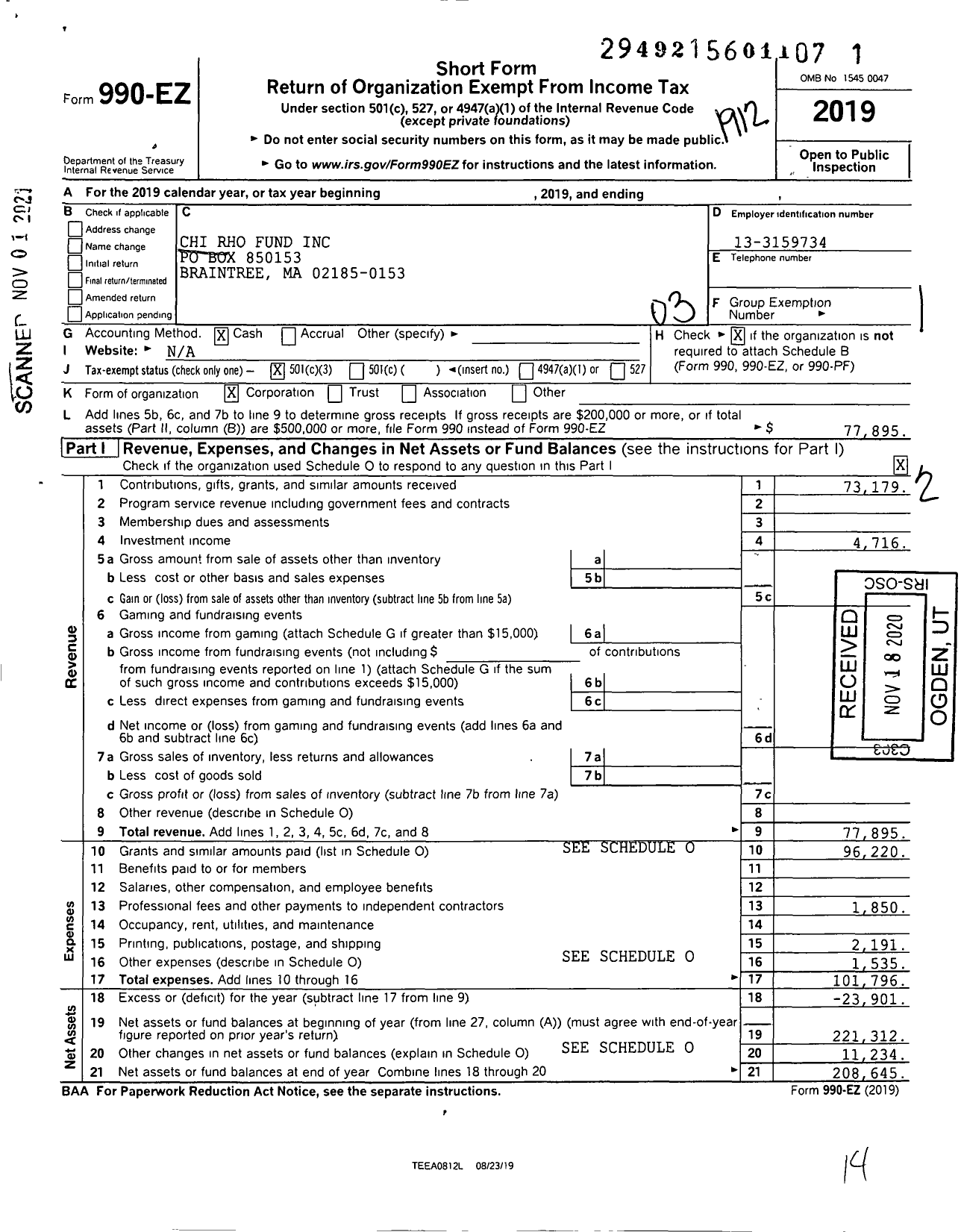 Image of first page of 2019 Form 990EZ for Chi Rho Fund