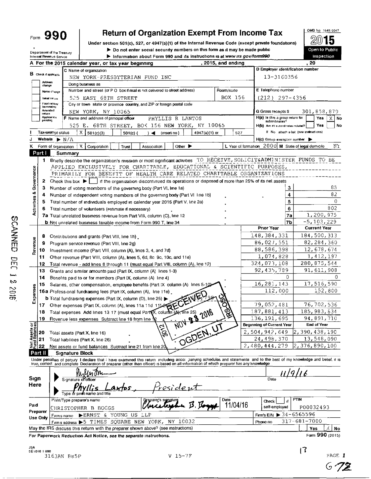 Image of first page of 2015 Form 990 for New York-Presbyterian Fund