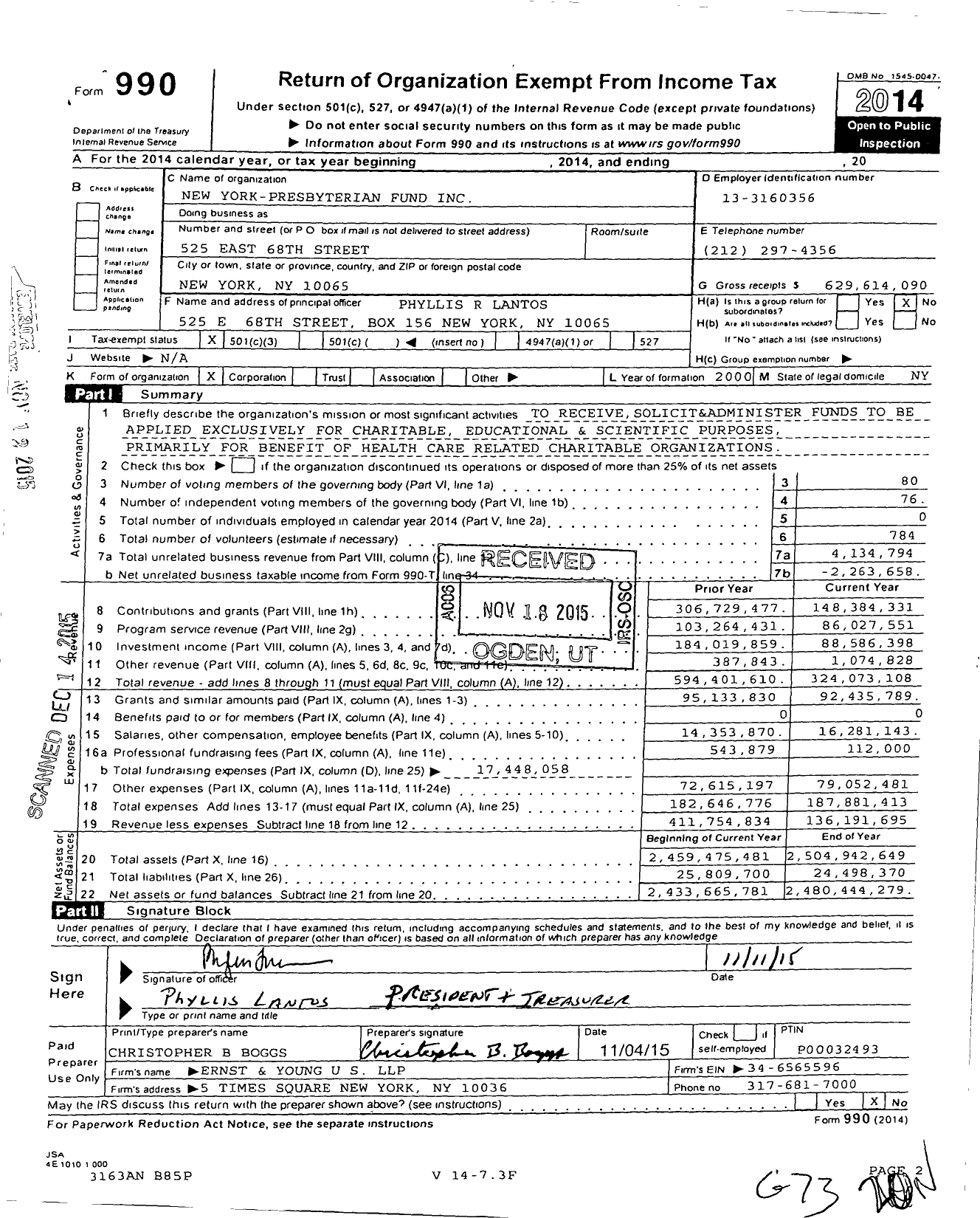 Image of first page of 2014 Form 990 for New York-Presbyterian Fund