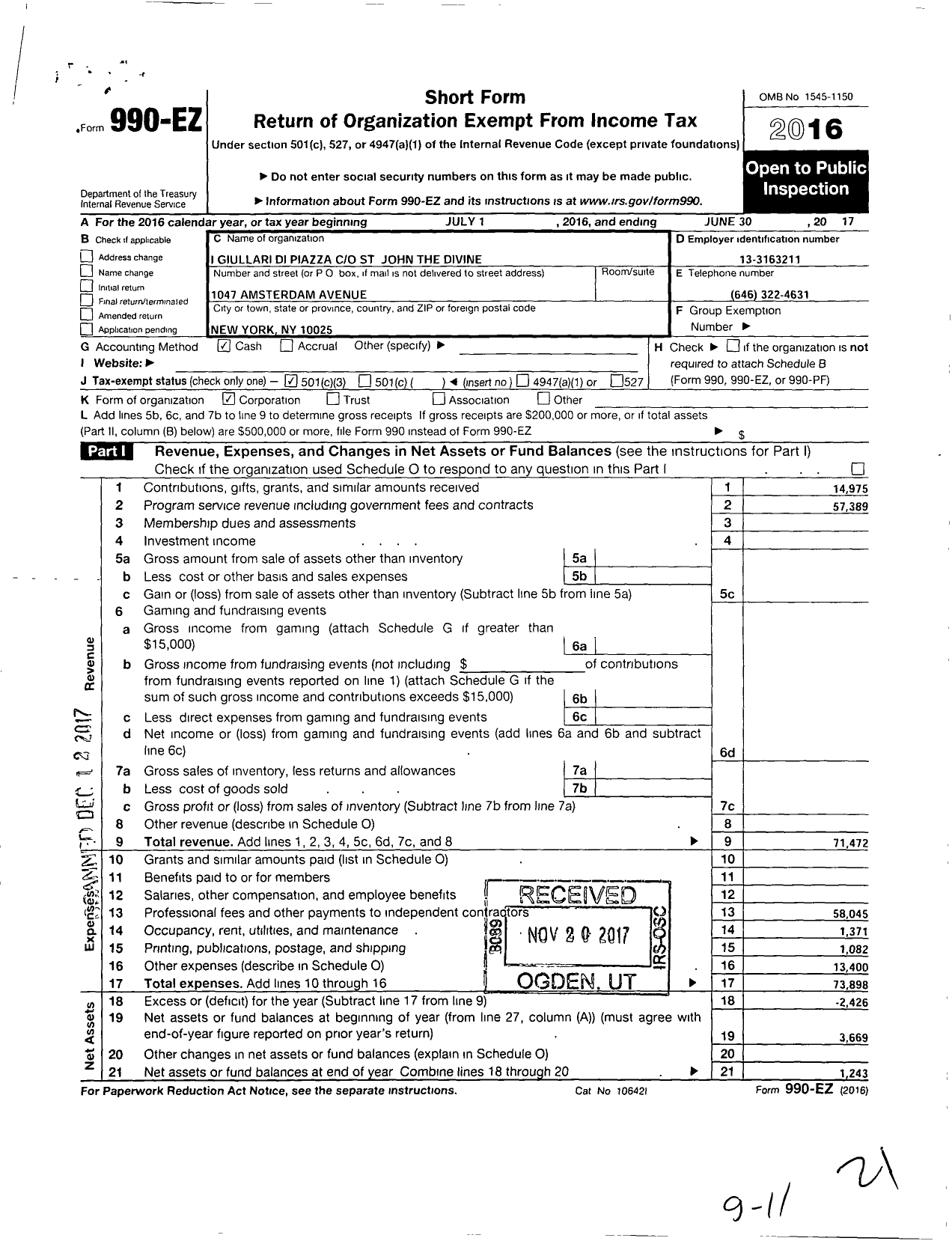 Image of first page of 2016 Form 990EZ for I Giullari Di Piazza