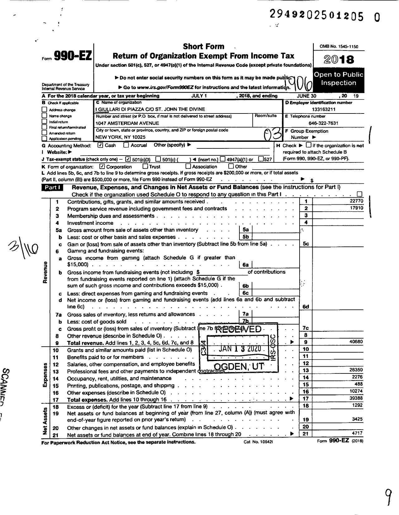 Image of first page of 2018 Form 990EZ for I Giullari Di Piazza