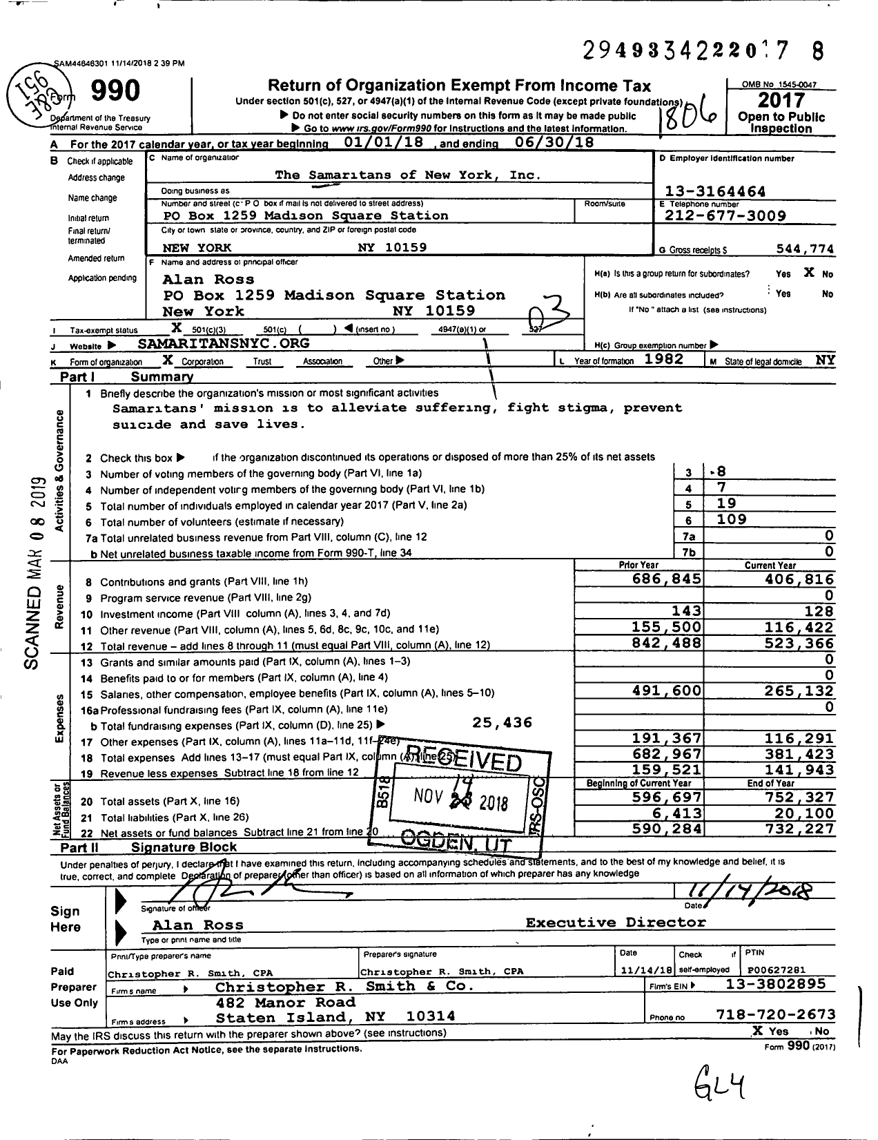 Image of first page of 2017 Form 990 for The Samaritans of New York