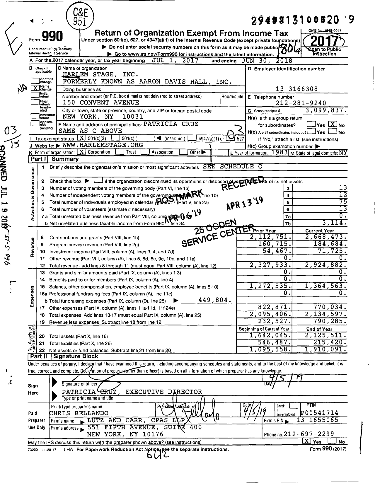 Image of first page of 2017 Form 990 for Harlem Stage