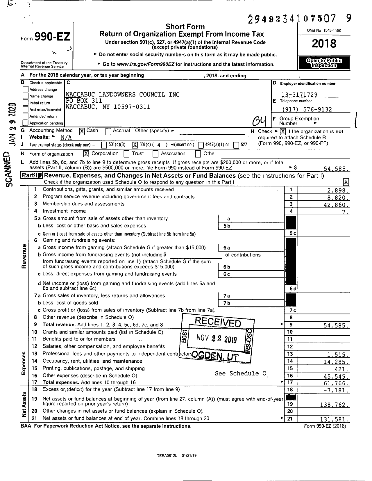 Image of first page of 2018 Form 990EO for Waccabuc Landowners Council