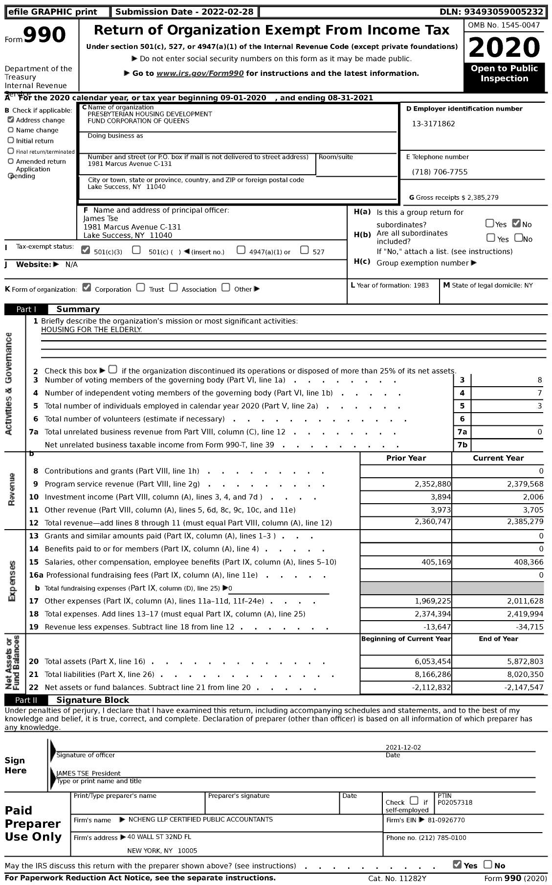 Image of first page of 2020 Form 990 for Presbyterian Housing Development Fund Corporation of Queens