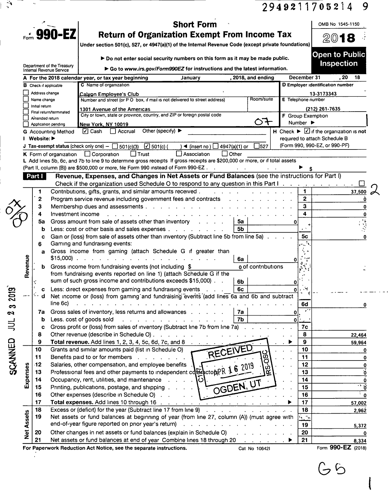 Image of first page of 2018 Form 990EO for Calyon Employees Club